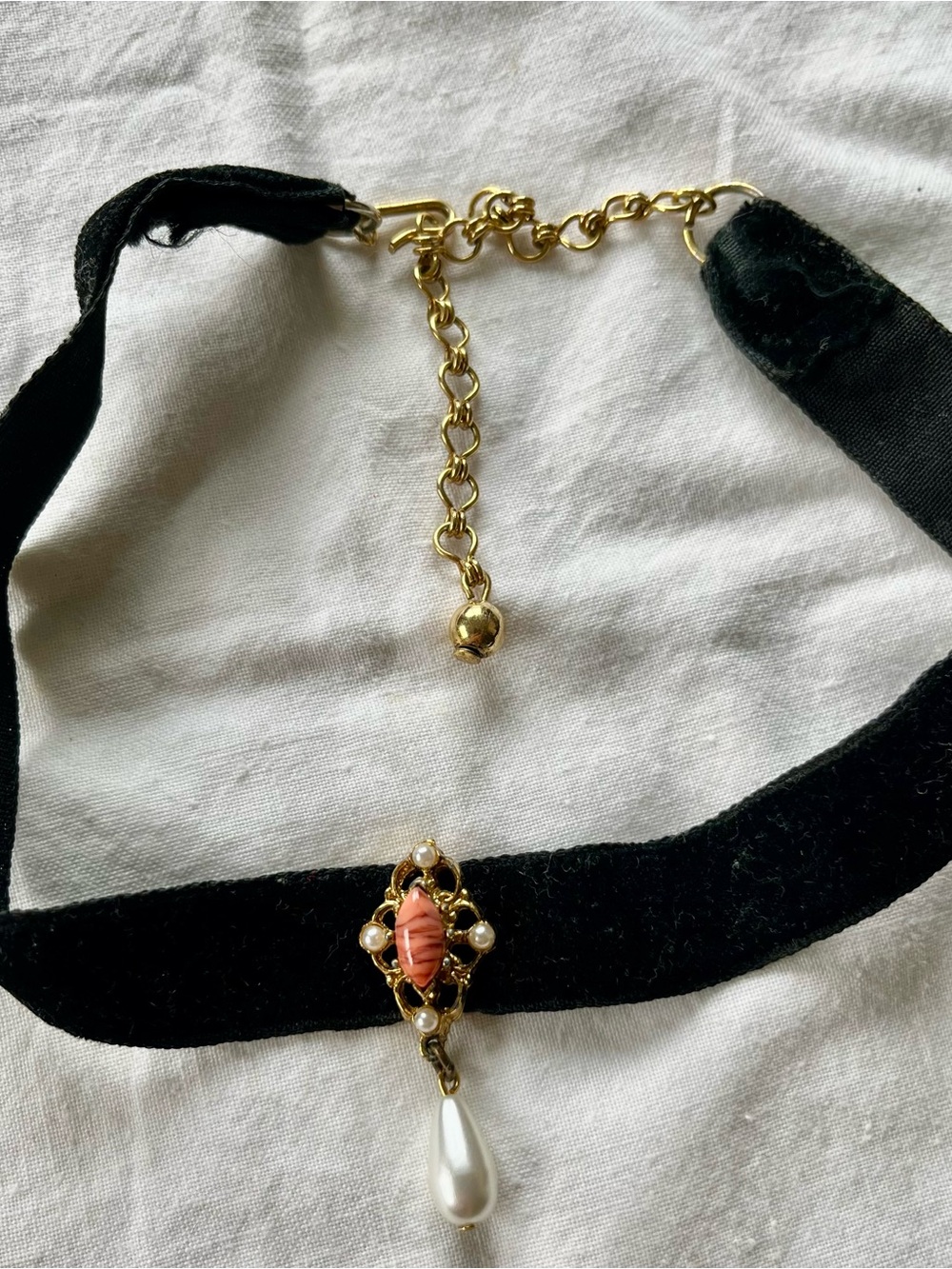 Vintage Black Velvet Choker with Gold Accents and Pearl Drop